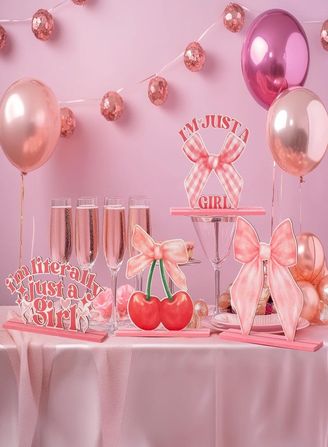 Haooryx Table Centerpieces Party Decorations - 4Pcs Coquette Watercolor Pink Bow Cherry Aesthetic Wood Letter Table Topper Sign Decor Birthday Baby Shower Party Favor Supplies Decorations Photo Props - Image 4