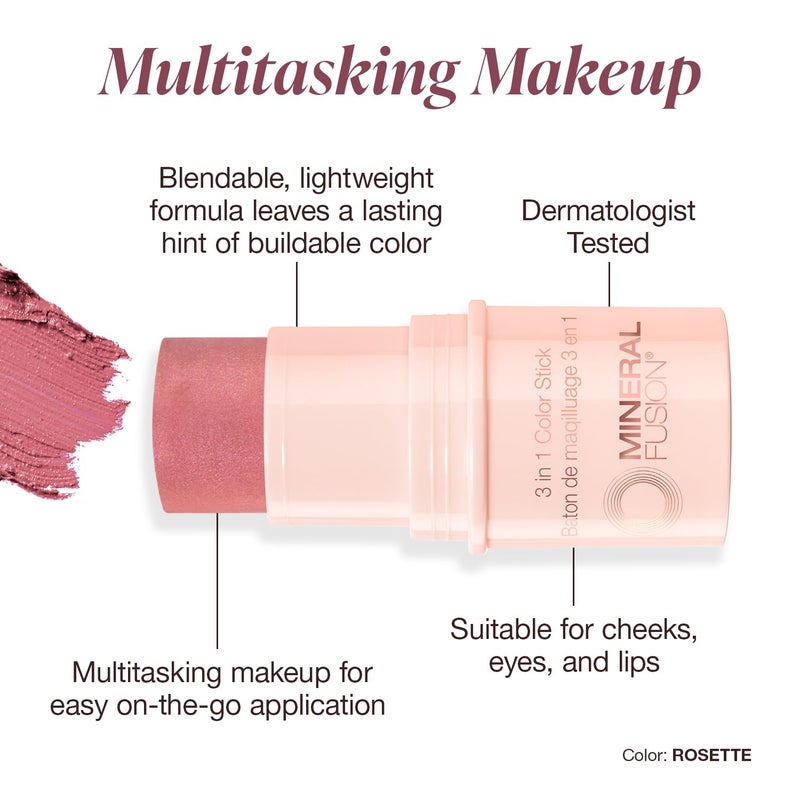 Mineral Fusion 3-in-1 Color Stick - Hydrating Cream Blush Tint for Cheek, Lip and Eye - Natural Multi Use Makeup (Rosette) - Image 2