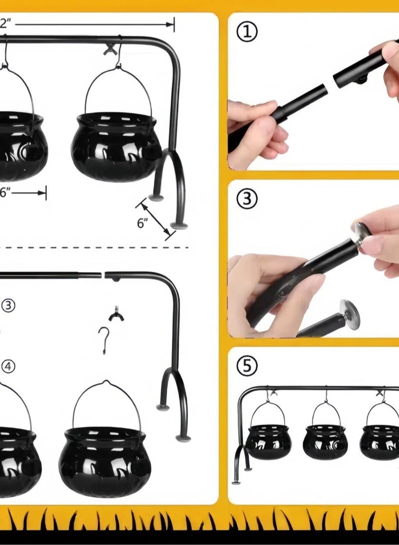 "Halloween Candy Bowl Decorations, Black Plastic Cauldron Bowls with Iron Rack, Halloween Party Decorations Candy Bucket for Indoor Outdoor Home Kitchen Table Decor Gift Basket " - Image 4