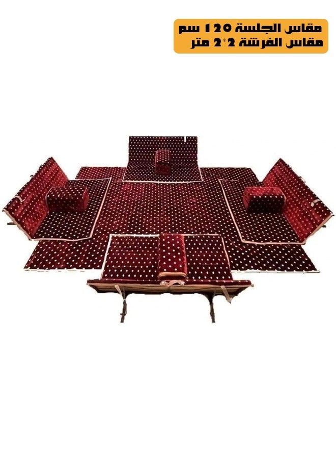 كادي ون مجموعة جلوس أرضية تراثية مكونة من 9 قطع مناسبة للسفر والرحلات البرية والحديقة , طقم فرشة تخييم ارضية مع اربع مراكى و 4 كراسي بمقاس 120 سم وبساط من القماش عالي الجودة بمقاس 2*2 متر يكفي ل 8 أشخاص