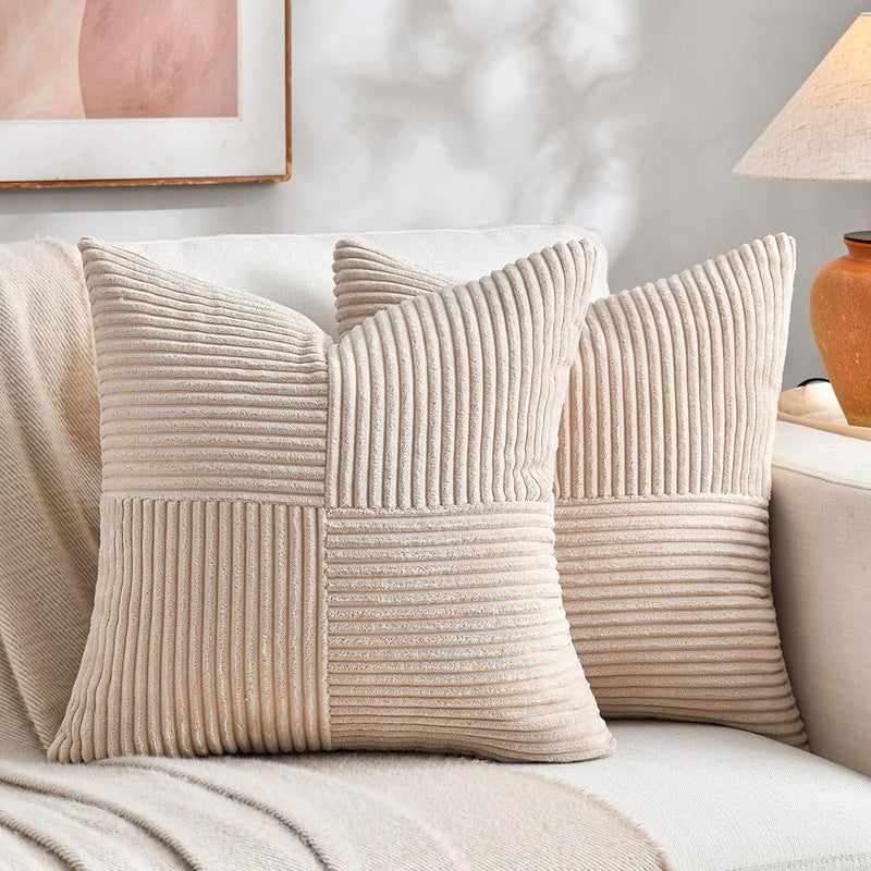 Fancy Homi غطاءان وسائد زخرفية من فانسي هومي بطبعة ريفية بوهيمية باللون الترابي مقاس 18x18 بوصة للأريكة والسرير والأسرة، ديكور منزل ريفي خريفي، غطاء وسادة ناعم من قماش الكوردوروي المزخرف بتقنية الترقيع والملمس المحبب مقاس 45x45 سم - Image 1