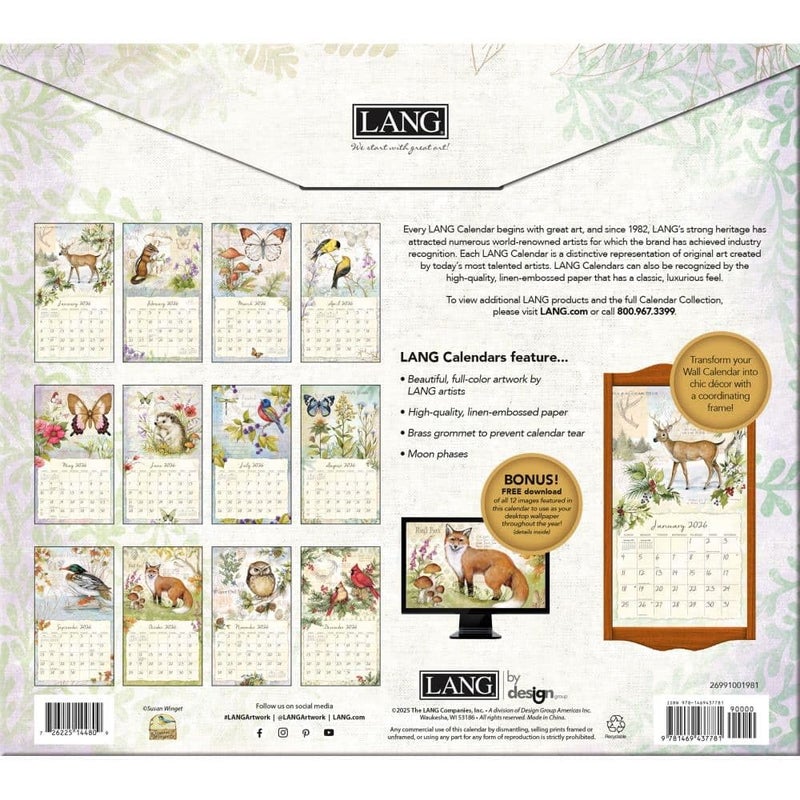 Lang Field Guide 2026 Wall Calendar â€“ 13.4" Ã— 12", 12-Month Calendar with Stapled Binding, Linen-Embossed Art by Susan Winget, Garden Wildlife Illustrations - Image 3