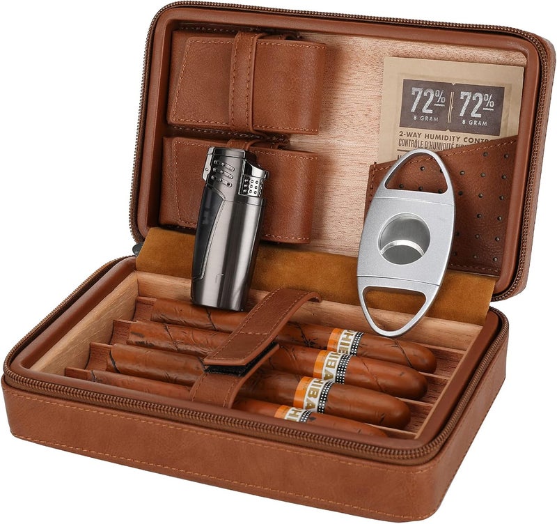 CiTree Cigar Travel Humidor, Cedar Wood Leather Cigar Case with Cigar Accessories Gift Set, Brown - Image 2