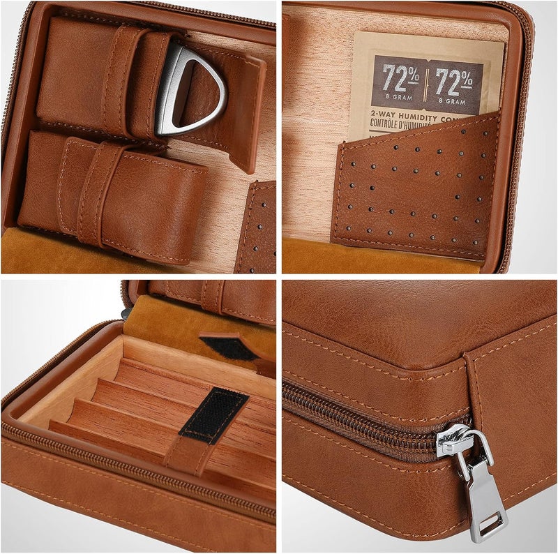CiTree Cigar Travel Humidor, Cedar Wood Leather Cigar Case with Cigar Accessories Gift Set, Brown - Image 3