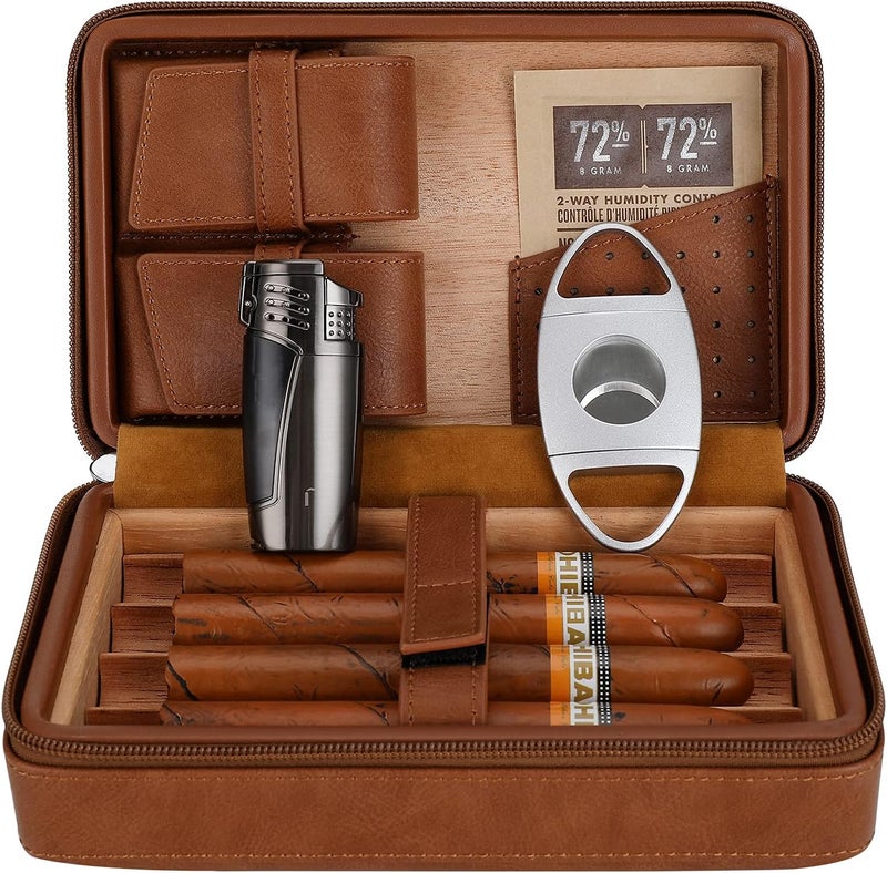 CiTree Cigar Travel Humidor, Cedar Wood Leather Cigar Case with Cigar Accessories Gift Set, Brown - Image 1