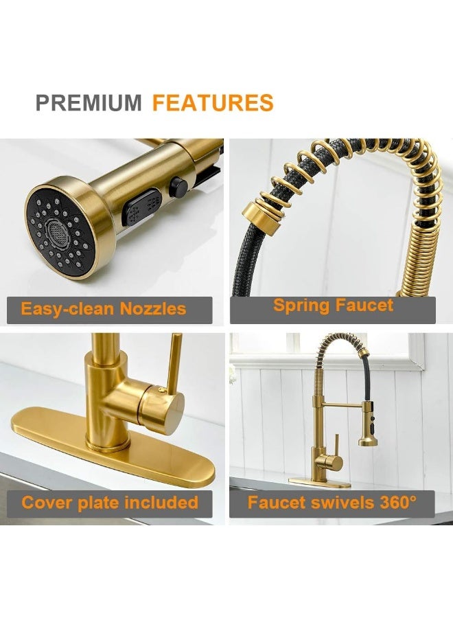 Hoimpro Brushed Gold High Arc Spring Kitchen Faucet With Pull Down Sprayer - Image 5