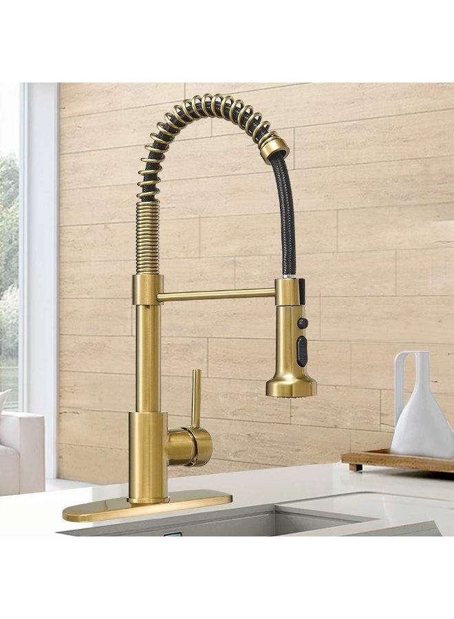 Hoimpro Brushed Gold High Arc Spring Kitchen Faucet With Pull Down Sprayer - Image 3