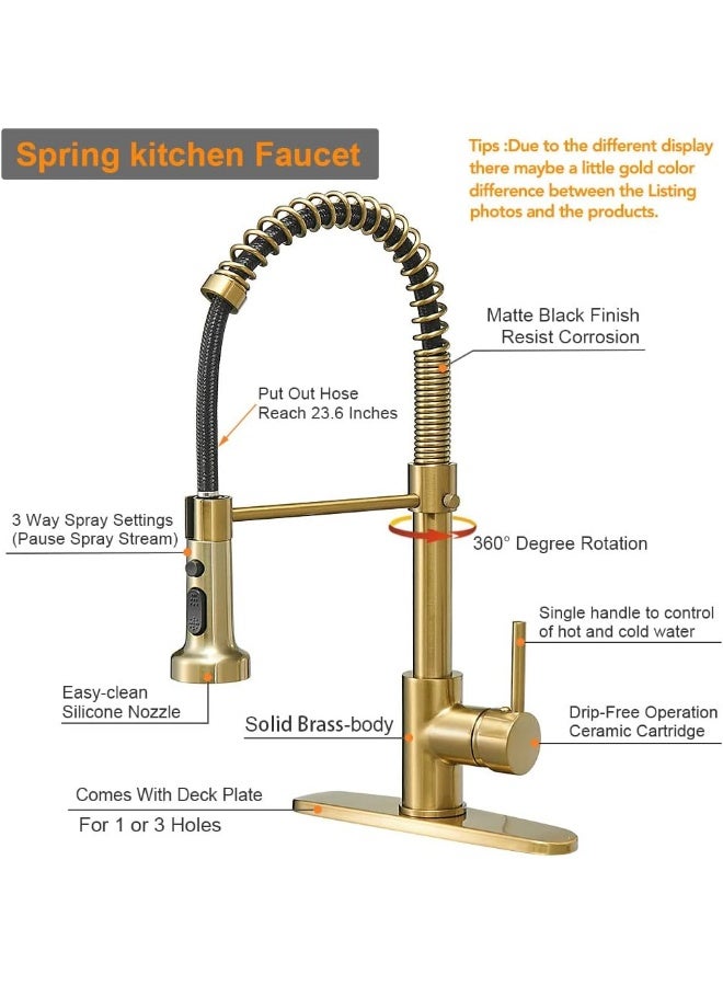 Hoimpro Brushed Gold High Arc Spring Kitchen Faucet With Pull Down Sprayer - Image 2