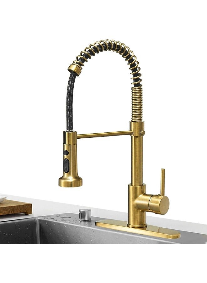 Hoimpro Brushed Gold High Arc Spring Kitchen Faucet With Pull Down Sprayer - Image 1