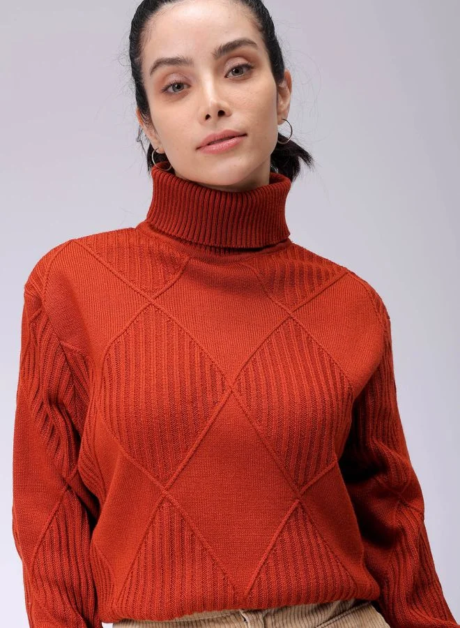 مرفوعة Women Relaxed Fit Argyle High Neck Sweater