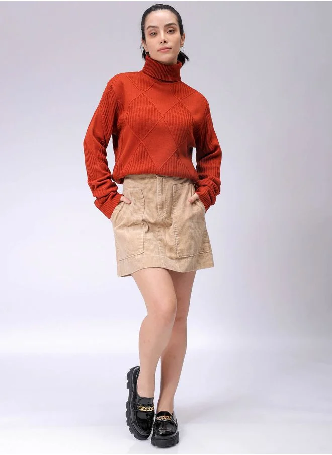 Freehand Women Relaxed Fit Argyle High Neck Sweater