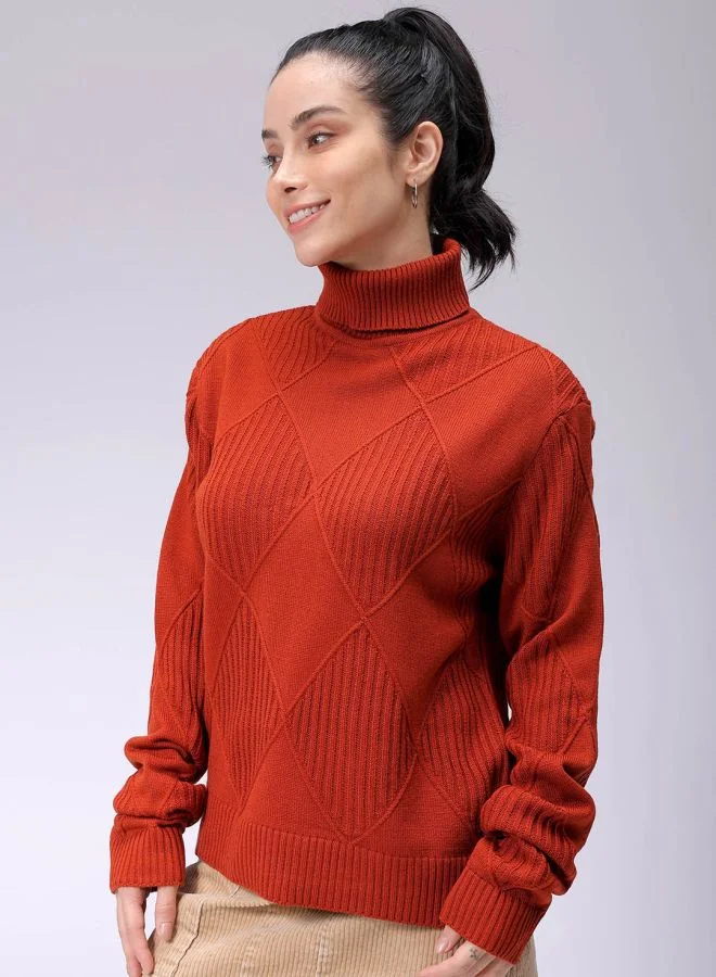 مرفوعة Women Relaxed Fit Argyle High Neck Sweater