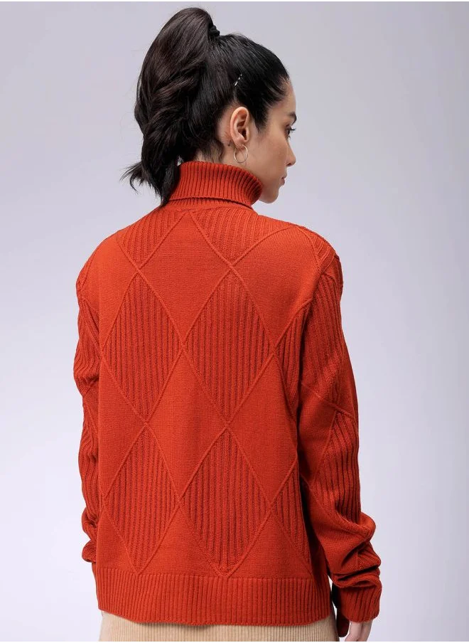 Freehand Women Relaxed Fit Argyle High Neck Sweater