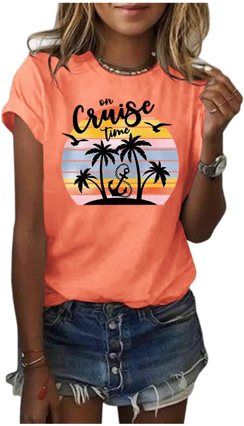 CHUNTIANRAN Cruise Outfits for Women 2025 Beach Vacation Essentials Shirts Summer Short Sleeve Tee Tropical Vacation Tops for Travel(2X-Large,Orange) - Image 2