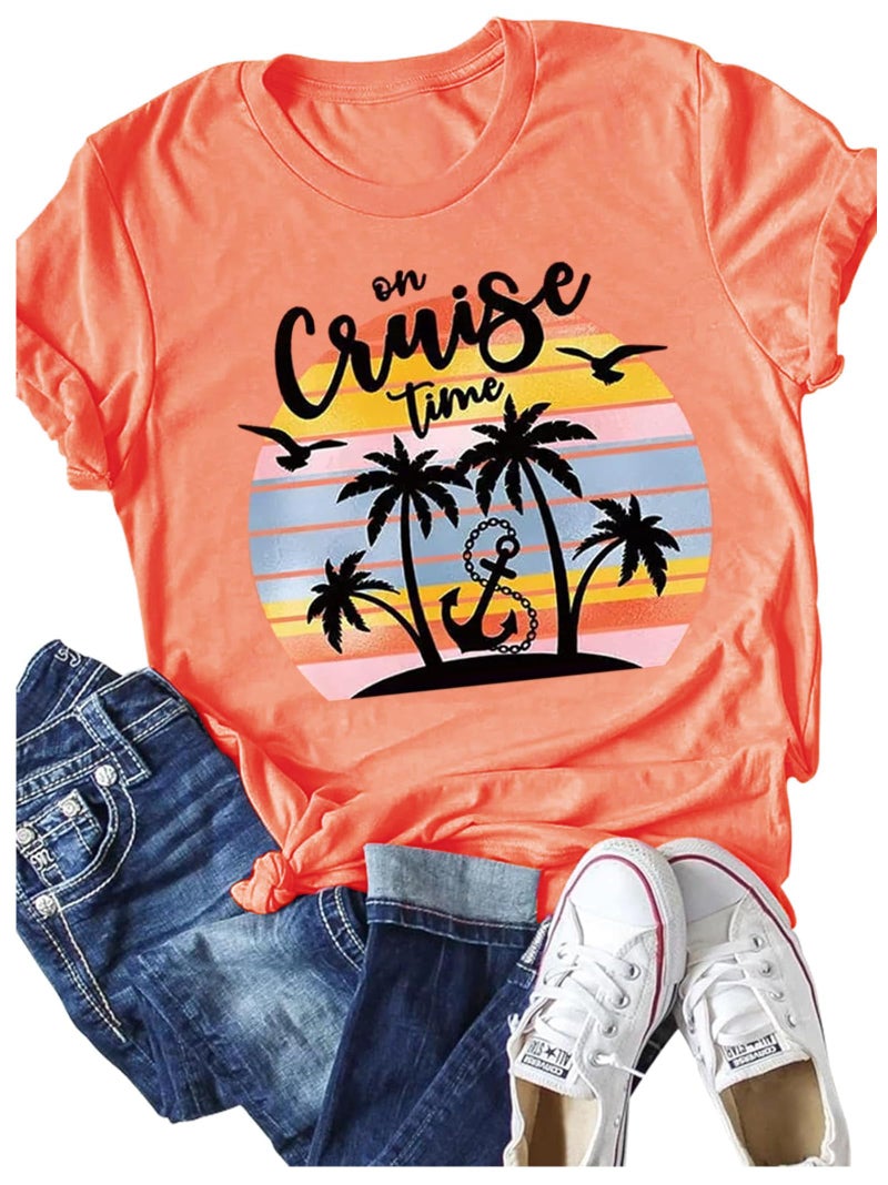 CHUNTIANRAN Cruise Outfits for Women 2025 Beach Vacation Essentials Shirts Summer Short Sleeve Tee Tropical Vacation Tops for Travel(2X-Large,Orange) - Image 1