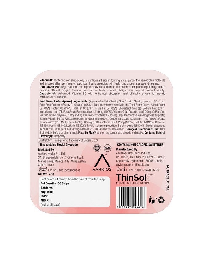 Health Aid HealthAid® Fe Max™ ThiSolves™ - 30 Oral Strip | Iron & Folic Acid Supplement with Vitamin C, Zinc, Beetroot Extract | Haemoglobin Supplement For Women & Men s | AB-Fortis® | Quatrefolic® - Image 2