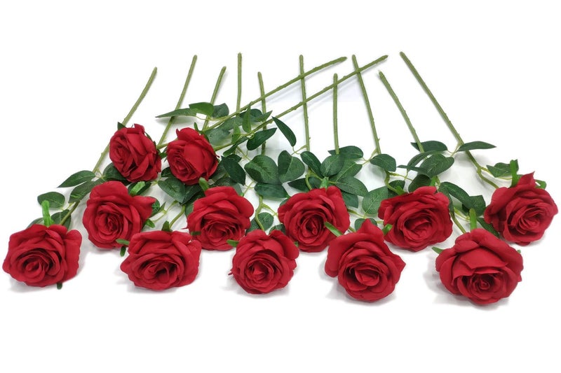 Laelfe 12 pcs Artificial Red Roses Flowers Long Stem Fake Silk Rose for Home Wendding DecorationsRed