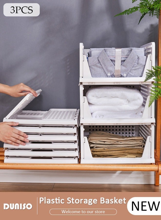 DUNISO 3 Packs Stackable Plastic Storage Basket, Foldable Closet Organizers Storage Bins, Medium Drawer Shelf Storage Container for Wardrobe Cupboard Kitchen Bathroom Office - Image 1