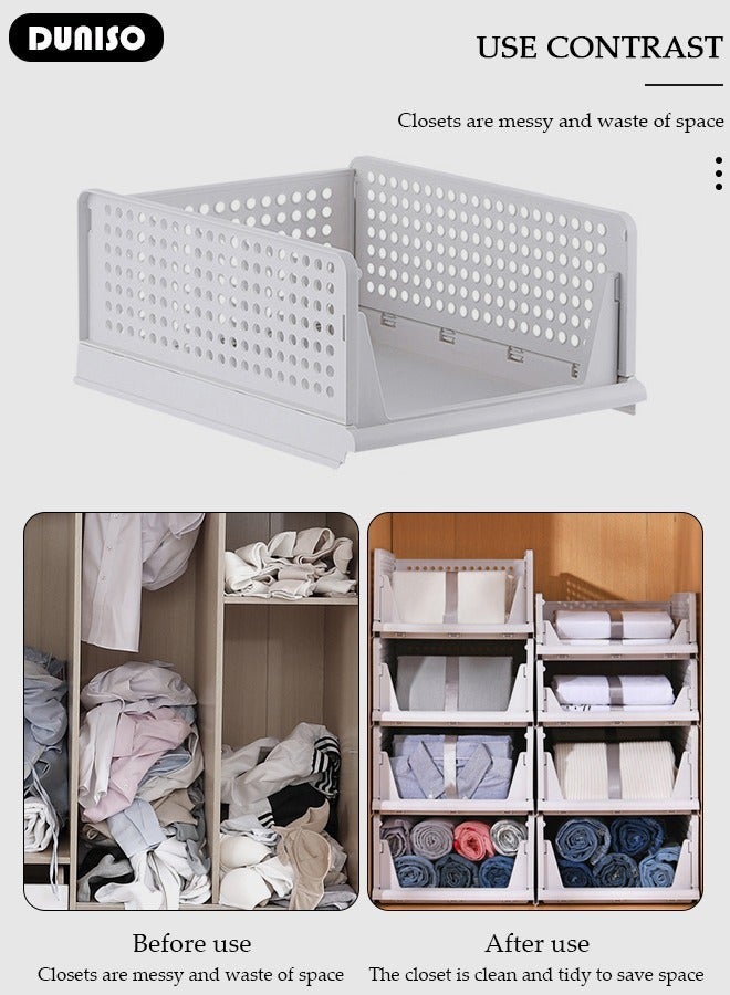 DUNISO 3 Packs Stackable Plastic Storage Basket, Foldable Closet Organizers Storage Bins, Medium Drawer Shelf Storage Container for Wardrobe Cupboard Kitchen Bathroom Office - Image 3