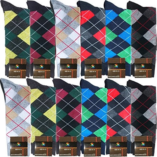 USBingoshop Mens Cotton Argyle Striped Solid Ribbed Black Crew Dress Socks(10-13, Multi Pack of 12) - Image 1