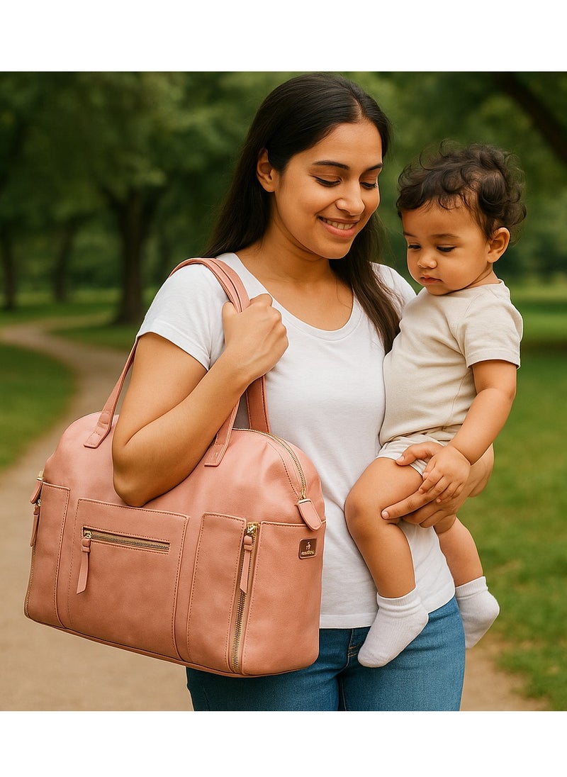 Kiddale Multifunctional Organizer, PU Leather Baby Diaper Bag Women Handbag Style With Changing Station, Insulated Pockets And Stroller Hooks Pink  - Image 1