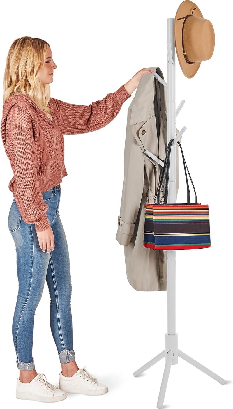 ZOBER Coat Rack Freestanding - Wooden 6 Hanger Clothing Rack with Modern Hooks for Bag, Hat, Jacket, Purse, Umbrella - Standing Hat Rack Coat Hanger for Entryway - White - Image 1