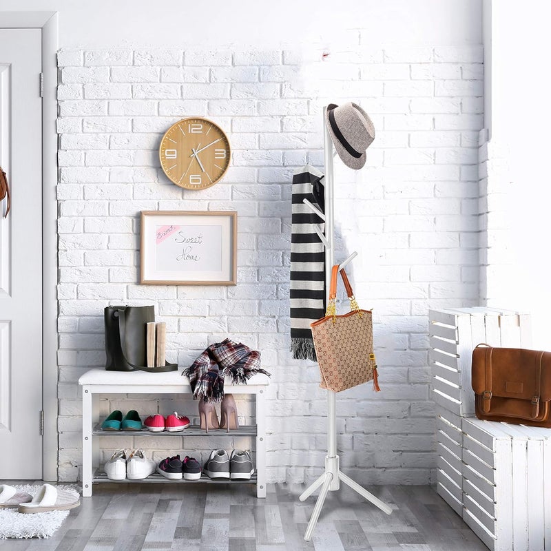 ZOBER Coat Rack Freestanding - Wooden 6 Hanger Clothing Rack with Modern Hooks for Bag, Hat, Jacket, Purse, Umbrella - Standing Hat Rack Coat Hanger for Entryway - White - Image 2