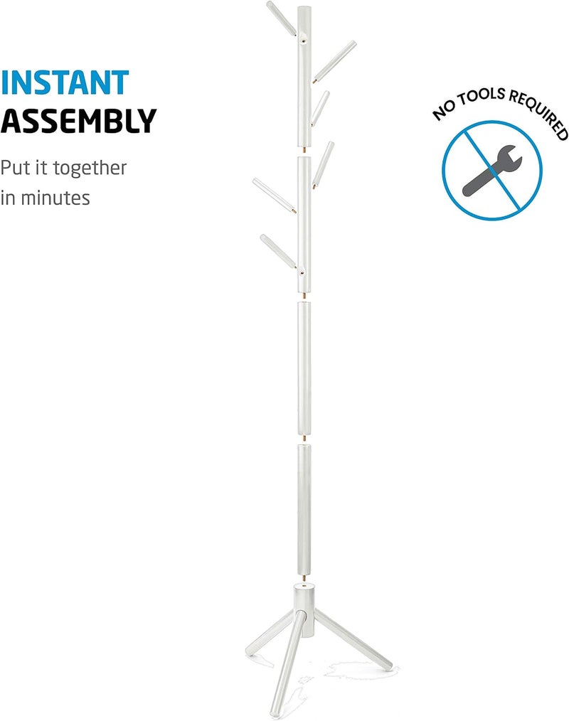 ZOBER Coat Rack Freestanding - Wooden 6 Hanger Clothing Rack with Modern Hooks for Bag, Hat, Jacket, Purse, Umbrella - Standing Hat Rack Coat Hanger for Entryway - White - Image 3