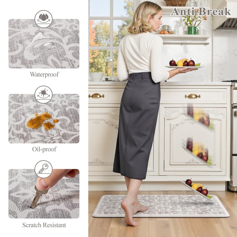 LEEVAN Cushioned Kitchen Mats for Floor Sets of 2,Vintage Distressed Grey Anti-Fatigue Kitchen Mat for Laundry,Non Slip Waterproof Standing Mat for Home,Office,Desk,Sink(17''x29''+17''x47'') - Image 2