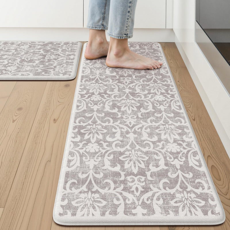 LEEVAN Cushioned Kitchen Mats for Floor Sets of 2,Vintage Distressed Grey Anti-Fatigue Kitchen Mat for Laundry,Non Slip Waterproof Standing Mat for Home,Office,Desk,Sink(17''x29''+17''x47'') - Image 1