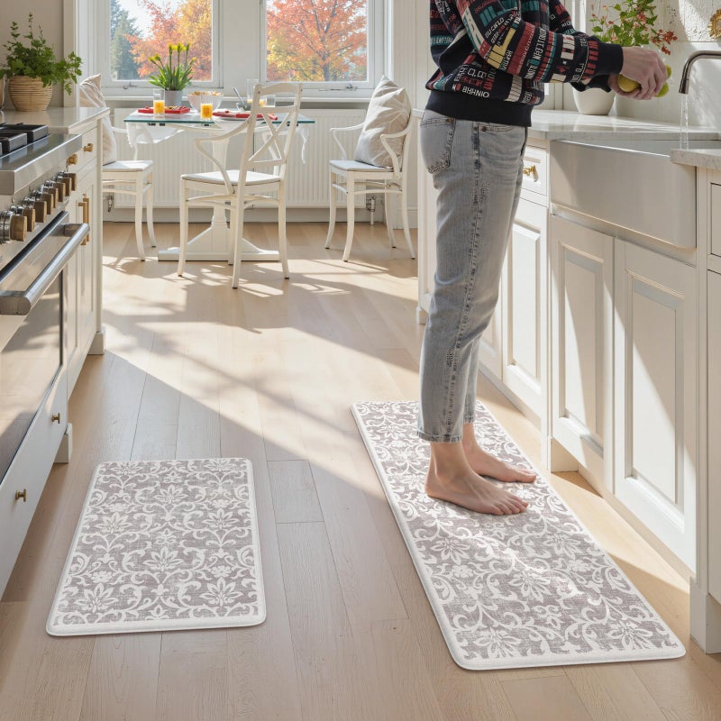 LEEVAN Cushioned Kitchen Mats for Floor Sets of 2,Vintage Distressed Grey Anti-Fatigue Kitchen Mat for Laundry,Non Slip Waterproof Standing Mat for Home,Office,Desk,Sink(17''x29''+17''x47'') - Image 4