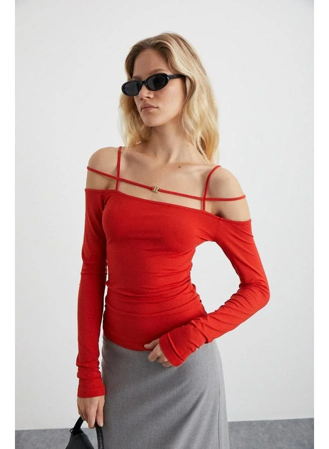 Ethiquet LIADAN Women's Viscon elastane Decorative Bow and Strap Red Blouse.
