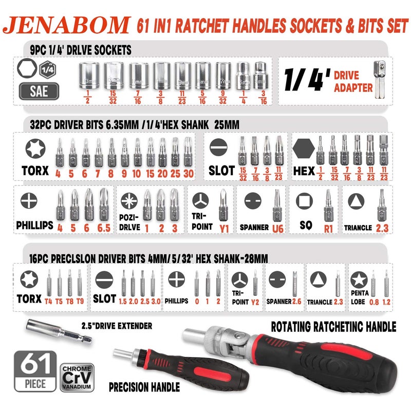 JENABOM 61 in 1 Ratcheting Screwdriver Set, Magnetic Screwdriver Bit Set with Rotatable Ratchet Handles, Sockets & Bits, Household Repair Tool Kits for Computers, Electronic Devices, Furniture - Image 2