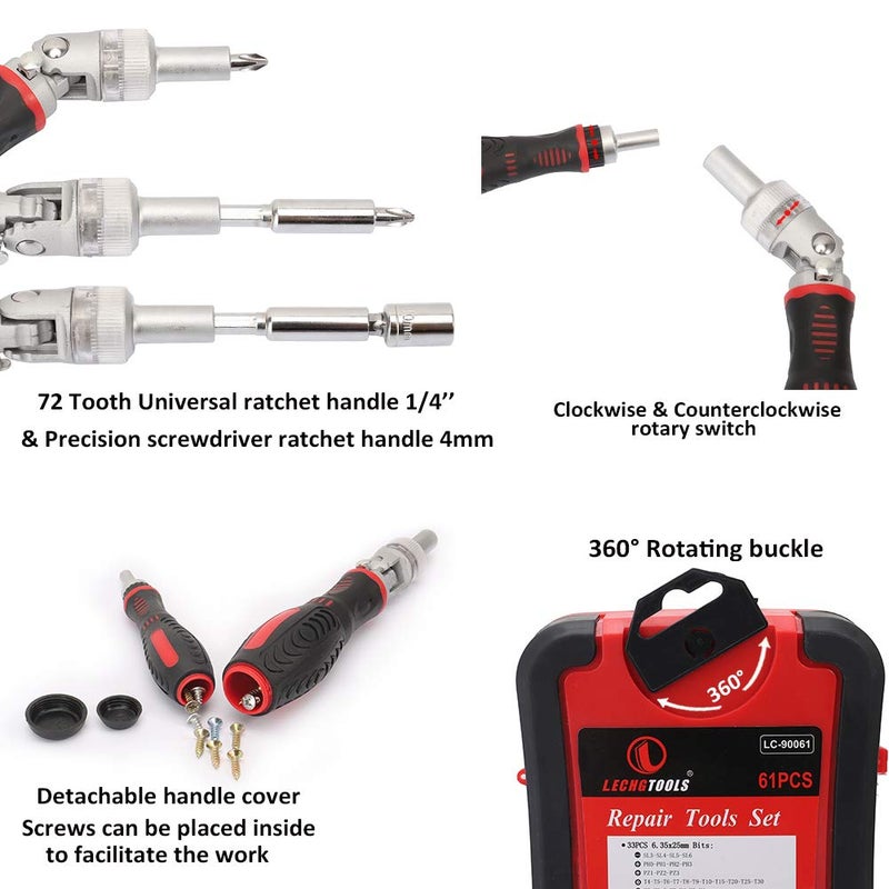JENABOM 61 in 1 Ratcheting Screwdriver Set, Magnetic Screwdriver Bit Set with Rotatable Ratchet Handles, Sockets & Bits, Household Repair Tool Kits for Computers, Electronic Devices, Furniture - Image 5
