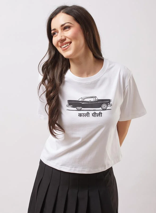 globus Globus White Car Graphic Print Boxy Crop T-Shirt