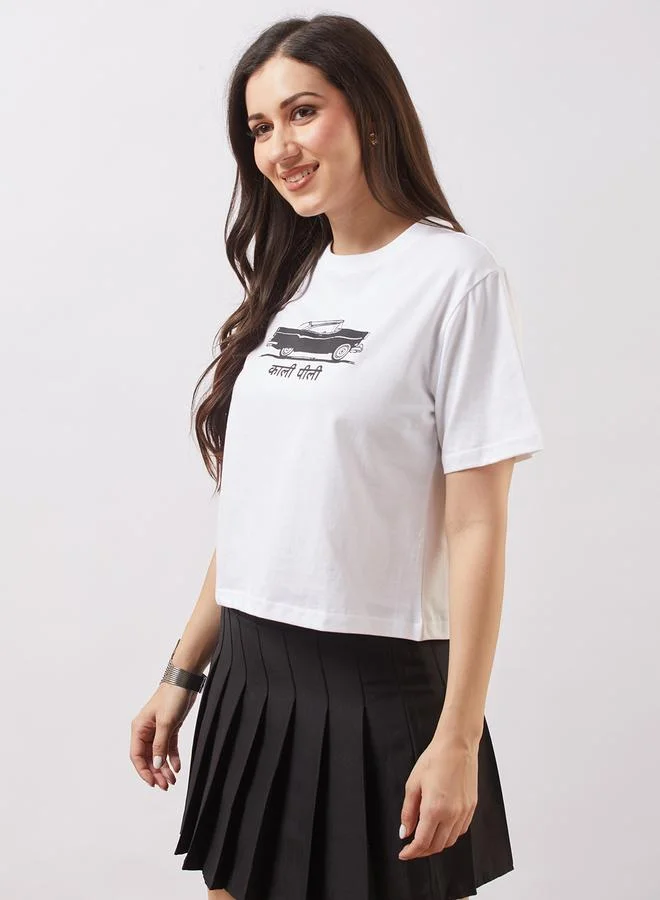 globus Globus White Car Graphic Print Boxy Crop T-Shirt