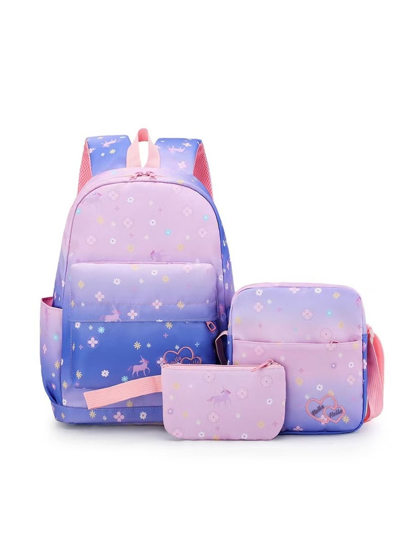SUNSTAR New 3-piece cute functional backpack set with printed patterns, large capacity backpack, shoulder bag, and pencil case, suitable for children/girls and boys, dark purple/pink - Image 1