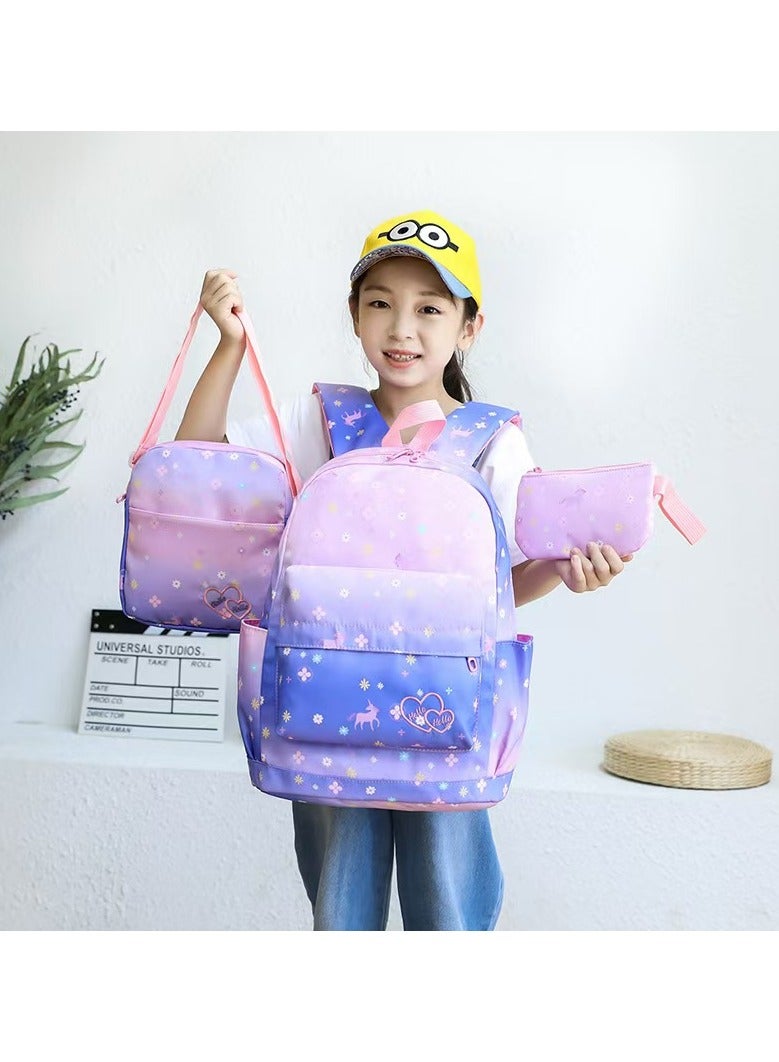 SUNSTAR New 3-piece cute functional backpack set with printed patterns, large capacity backpack, shoulder bag, and pencil case, suitable for children/girls and boys, dark purple/pink - Image 2