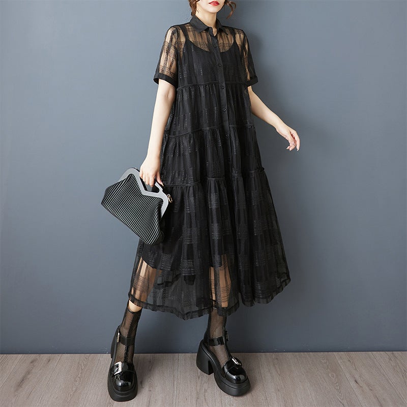 Real Shot of Summer New Dark Style Organza Splicing Pleated Dress Plus Size Fat mm Slimming Look Two-Piece Shirt Dress Black two piece suit