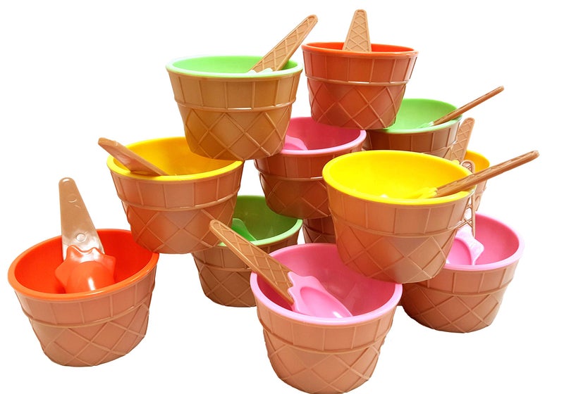 Dondor Enterprises Plastic Ice Cream Cups with Spoons Festive Dessert Bowls Assorted Colors 12 Piece Party Pack