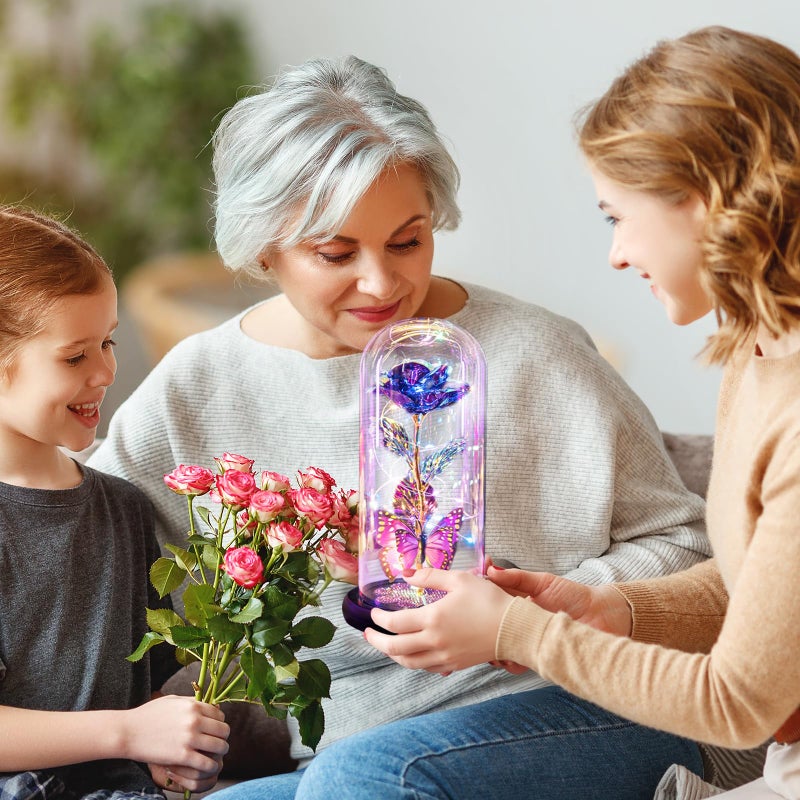 Pusuny Mothers Day Mom Gifts for Mom Women Birthday Gift Galaxy Glass Rose in Glass Dome Forever Eternal Crystal Flowers with Butterfly Mother's Day Flower Gifts for Women Wife Grandma Daughter Sister Purple - Image 4