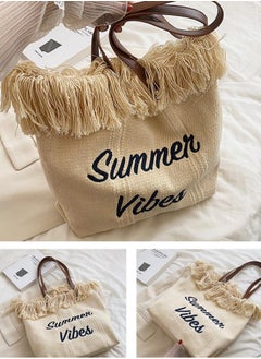 Casual Fringe Large Capacity Tote Bag Letter Embroidered Versatile Beige Shoulder Bag - pzsku/Z1C38CF465C9FD5F0F63BZ/45/_/1740571390/d42ee40e-ee7f-492d-95af-0e40822f68d8