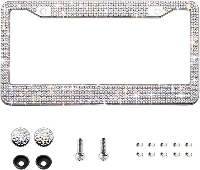 OKLPF Bling License Plate Frame for Women,Rhinestone License Plate Frames with 1200pcs Rhinestones, Handcrafted Crystal Premium Stainless Steel Frame with Screw Caps (White) Storage & transit friendly - Image 1