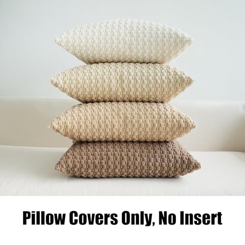 JOJUSIS Pack of 4 Decorative Throw Pillow Covers Farmhouse Boho Home Decor Striped Corduroy Square Pillowcases 18 x 18 Inch Neutral CreamChocolate - Image 3