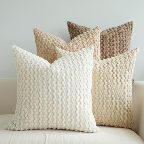 JOJUSIS Pack of 4 Decorative Throw Pillow Covers Farmhouse Boho Home Decor Striped Corduroy Square Pillowcases 18 x 18 Inch Neutral CreamChocolate - Image 1