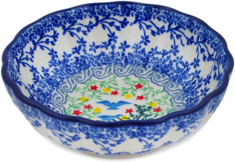 Polmedia Polish Pottery وعاء مزخرف من الفخار البولندي الأصلي بحواف متعرجة 5 بوصات تصميم فريد UNIKAT مصنوع يدويًا في بولسوافيا بولندا من قبل سيراميكا أرتيستيتشنا شهادة الأصالة - Image 1