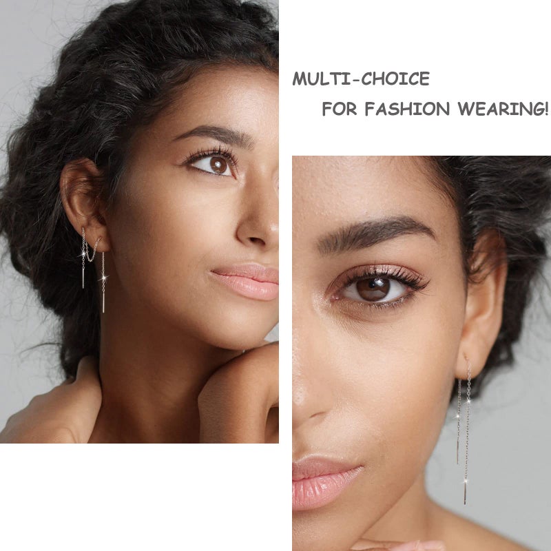 Aocelly Threader Earrings for Women Sterling Silver Chain Earrings Double Piercing Earrings Hypoallergenic,Silver Dangle Drop Earrings Pull Through Thread Hanging Earrings White Gold Unique - Image 4