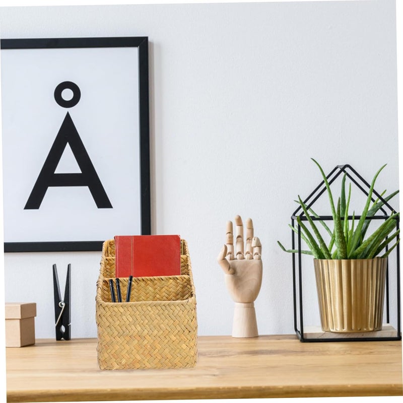 3-Piece Bamboo Storage Basket Set Handmade Woven Desktop Organizer Lid for Office File Storage and Home Organization Natural Color - Image 3