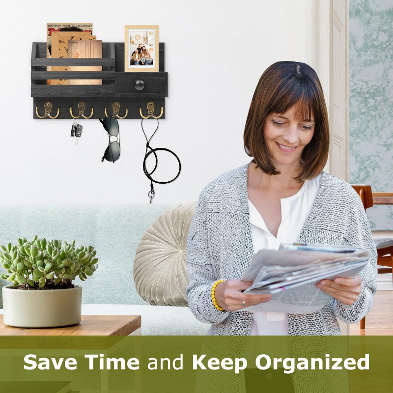 HOMEBROS Key Holder Wall Mount, Wooden Adhesive Mail and Key Organizer with Drawer, Small Shelf, 8 Hooks, 2 Installation Methods, Black - Image 2