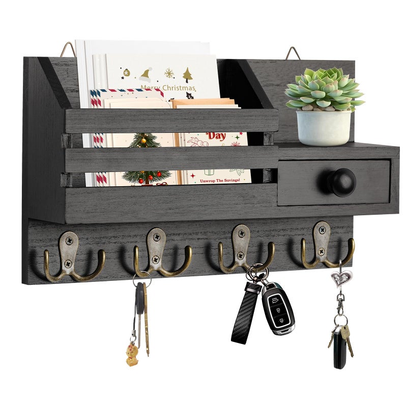 HOMEBROS Key Holder Wall Mount, Wooden Adhesive Mail and Key Organizer with Drawer, Small Shelf, 8 Hooks, 2 Installation Methods, Black - Image 1